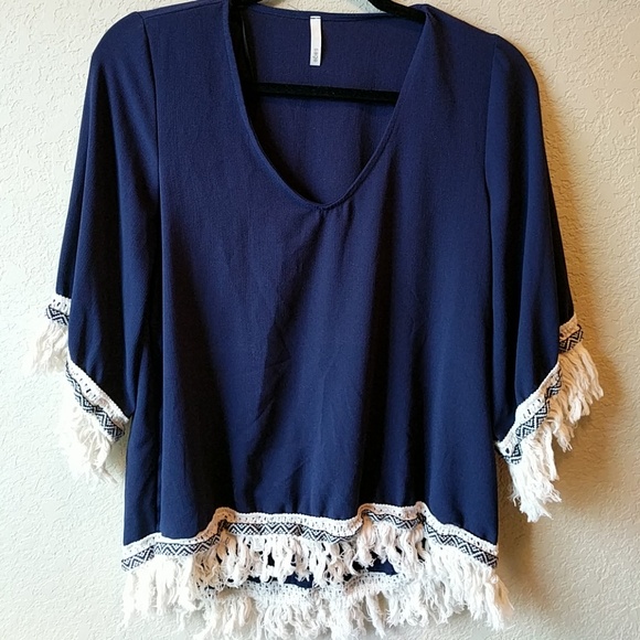 Sage Tops - Sage Navy V-neck Blouse with Fringe
